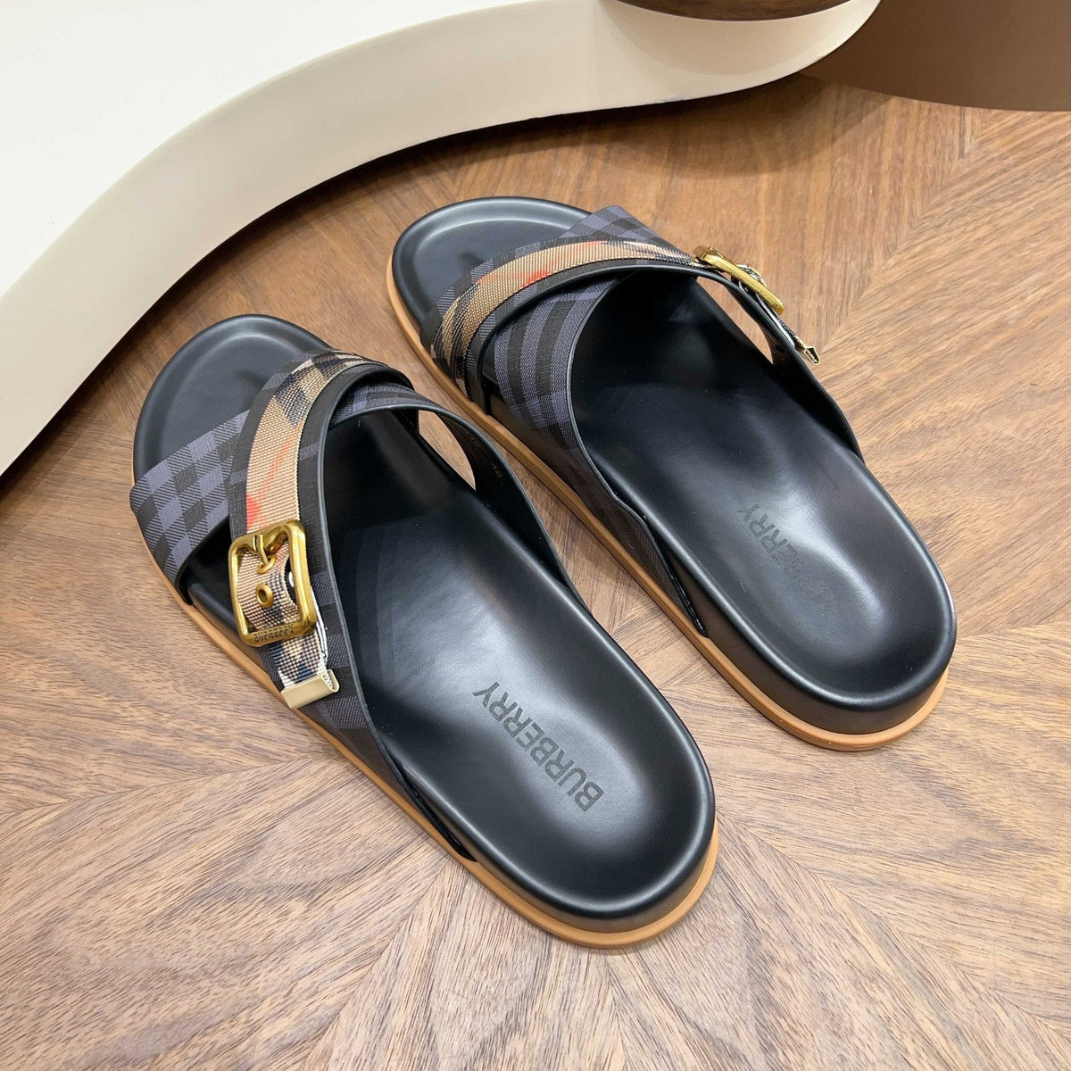 Burberry Charcoal Check Buckle Slide Sandals — side